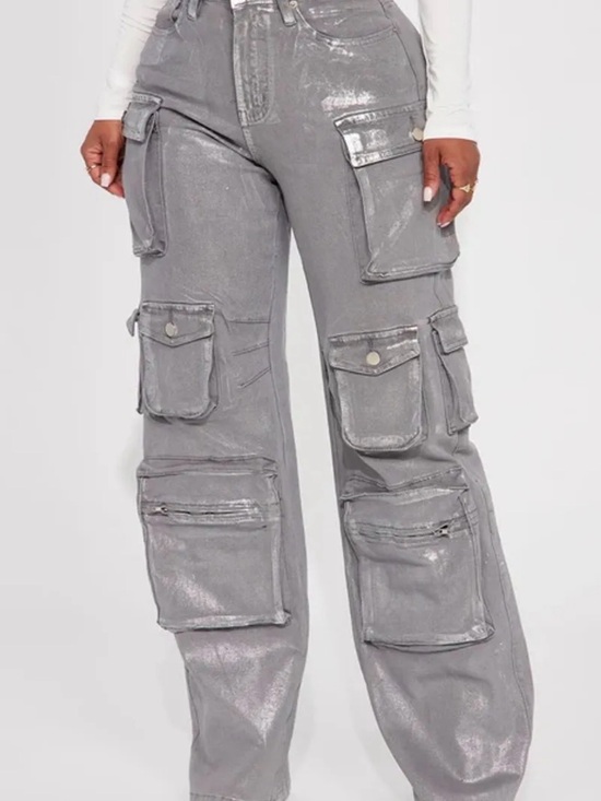 Fashion Nova Pants - Fashion Nova Time To Shine Foil Baggy Cargo Jeans - Silver